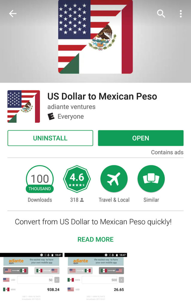 Screenshot of Dollars to Pesos currency app on the the 5 essential apps for traveling in Mexico