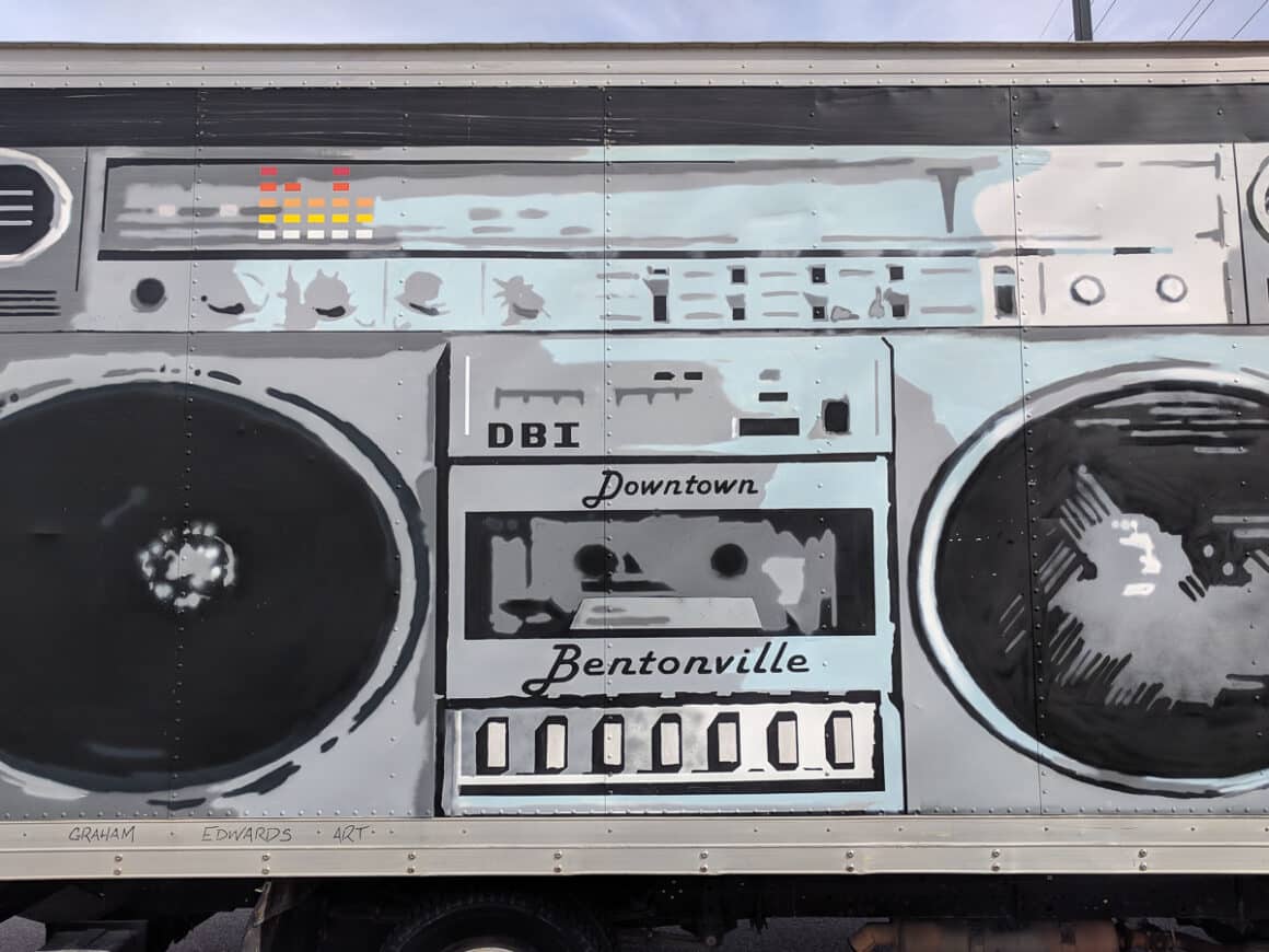 mural that looks like a boom box in Bentonville, Arkansas