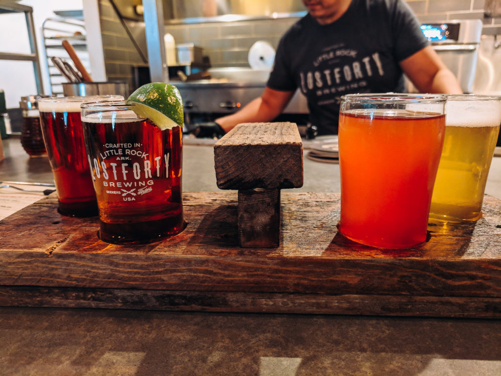 A flight of beer at Lost Forty a brewery on Little Rock's Locally Labeled trail