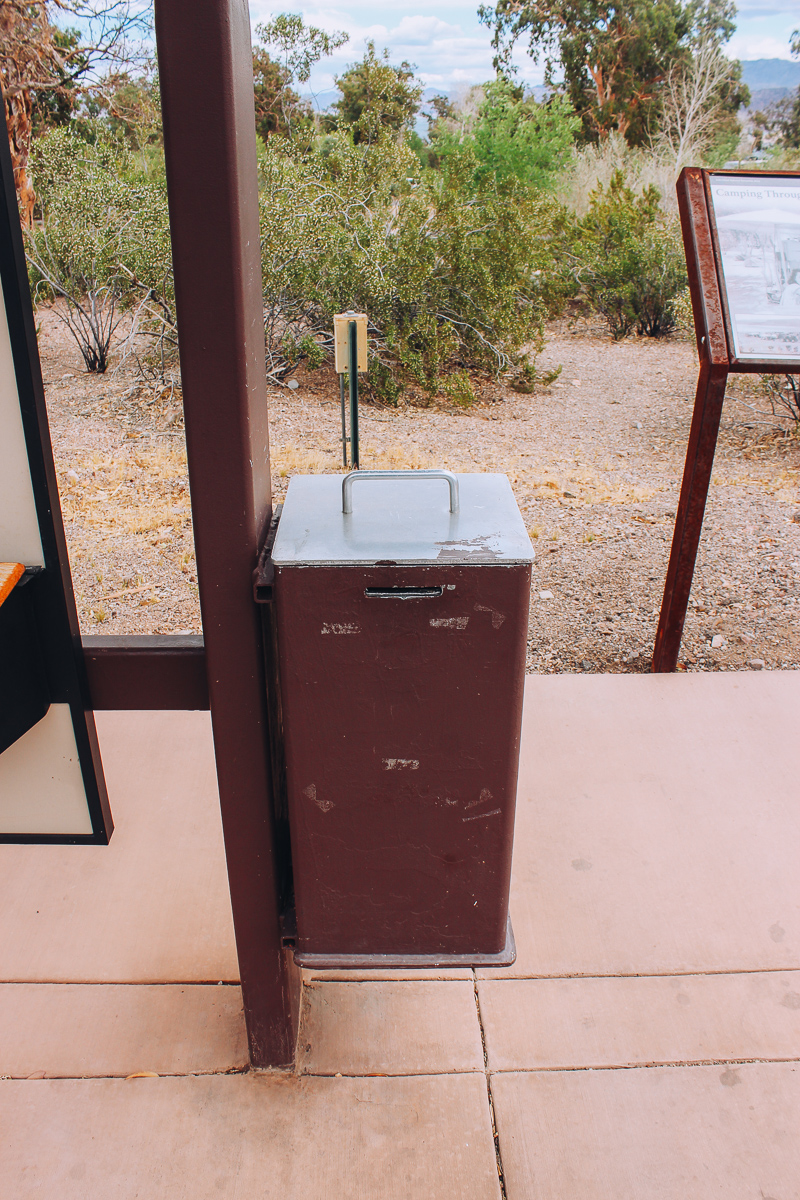 An iron ranger or mental box used for collecting fees at a national park.