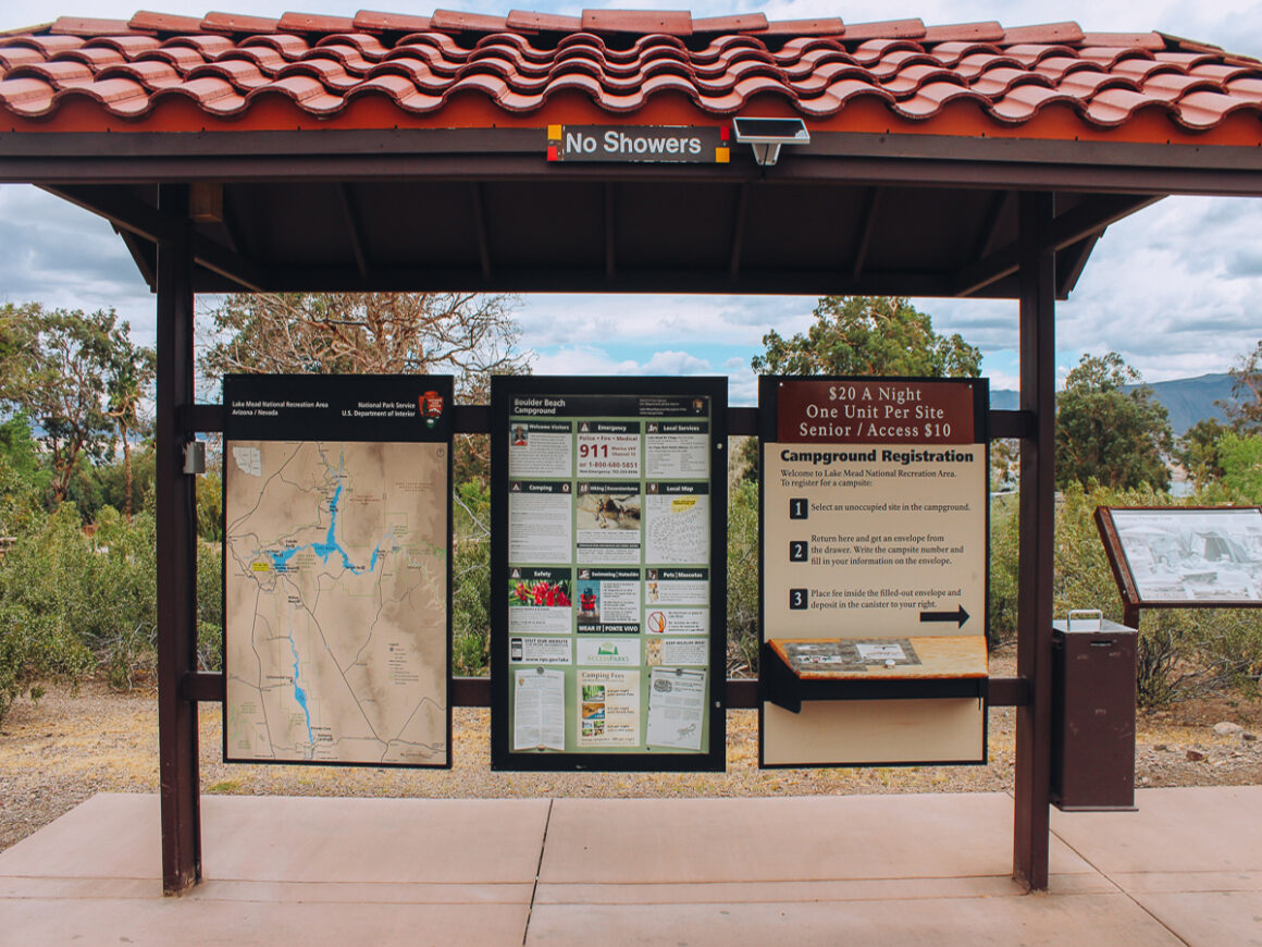 Entrance station sign at Boulder Beach campground Lake Mead- How to camp in a National Park Campground