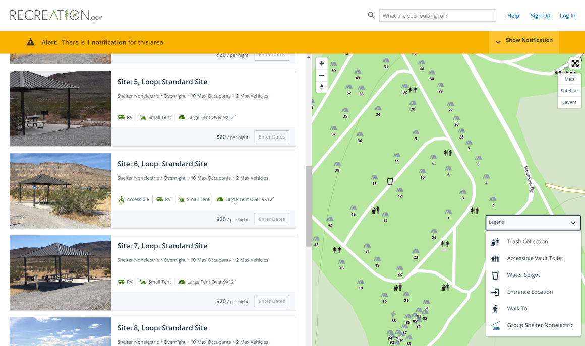 screenshot of a map of campground sites from recreation.gov 