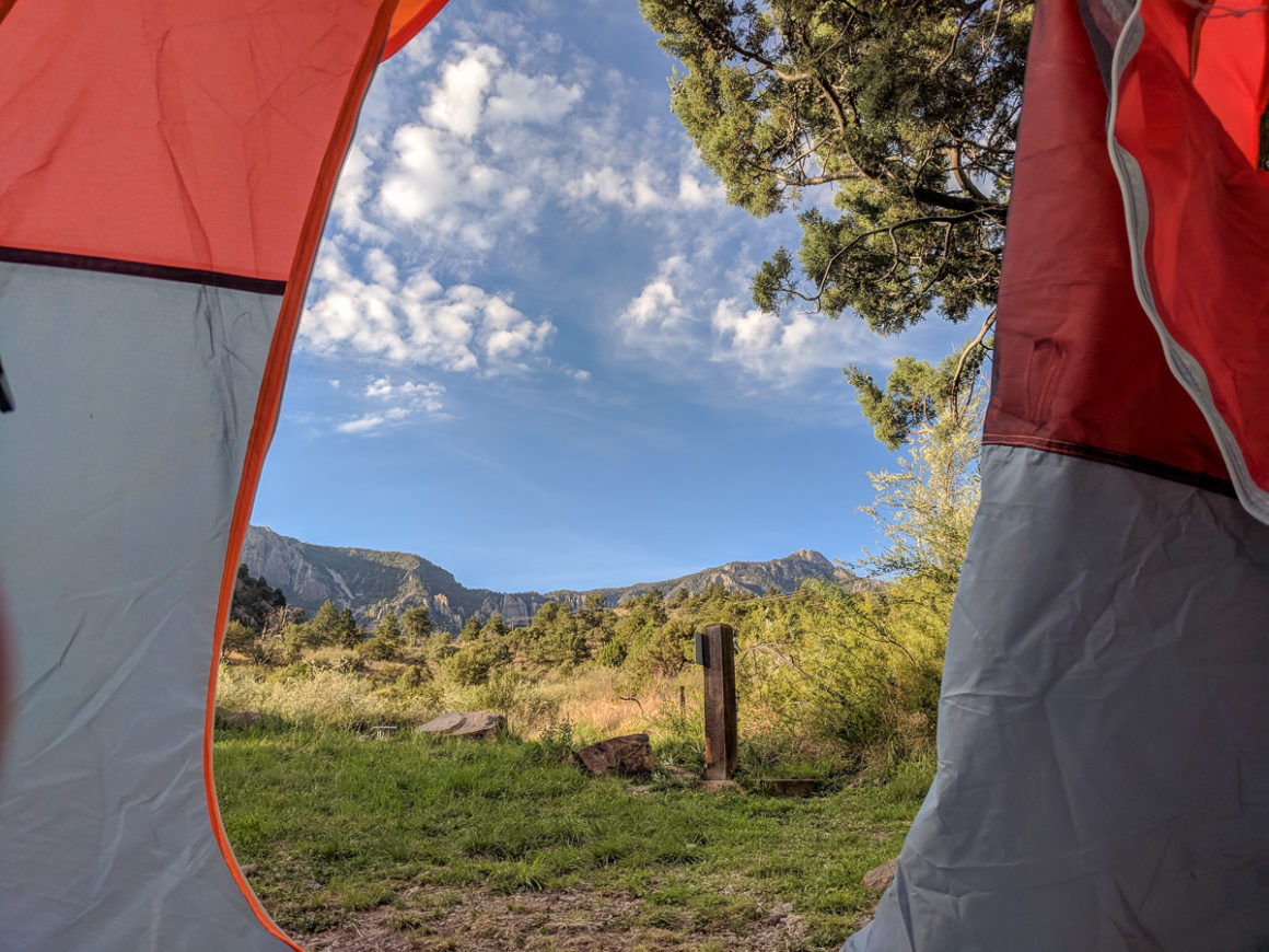The view of the Chisos Mountains through the tent door when camping in Big Bend National Park