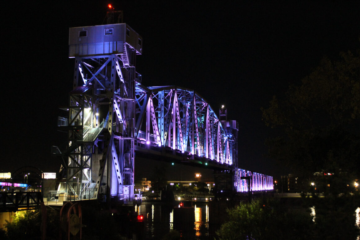 Junction Bridge lit up at night in Little Rock Arkansas