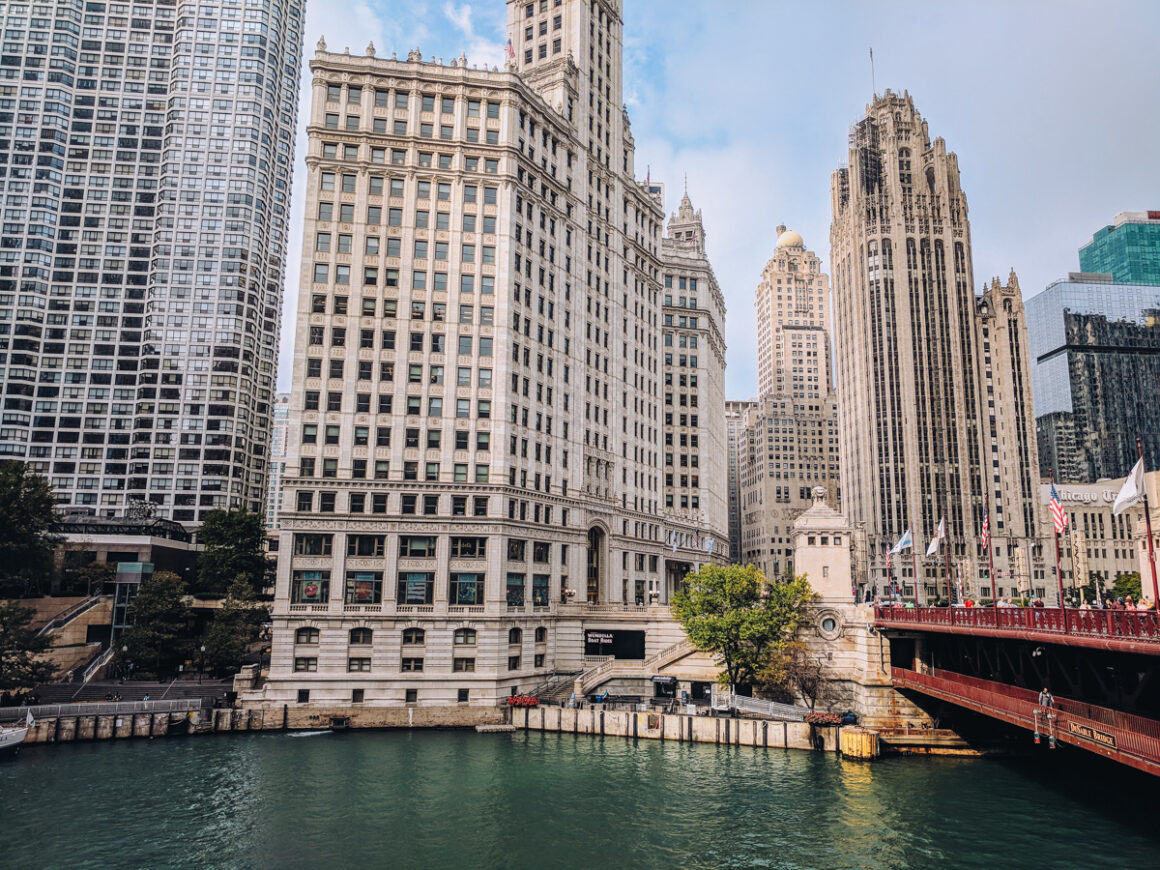 A view of the Chicago River - one of the best USA cities to visit in fall- from the Riverwalk