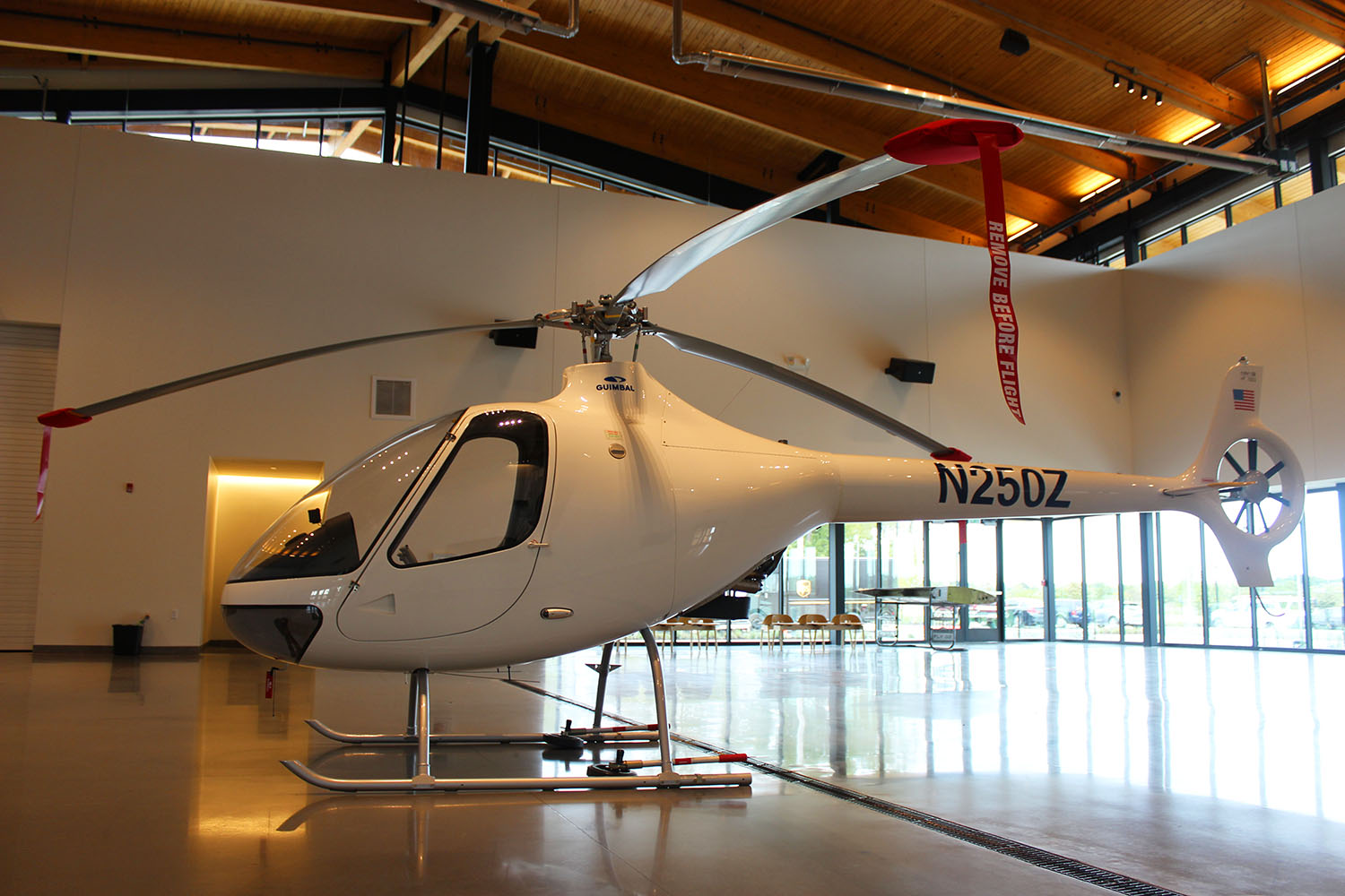 a helicopter on display at The Fieldhouse at Thaden Field Bentonville, AR