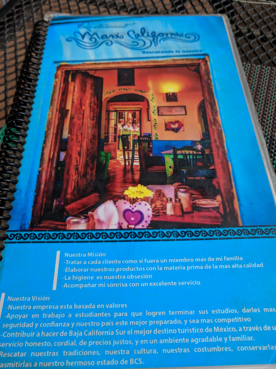menu at Maria California La Paz Baja Mexico