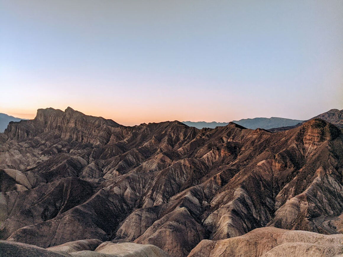 the evening glow as the sun goes down at Zabriskie Point in Death Valley National Park