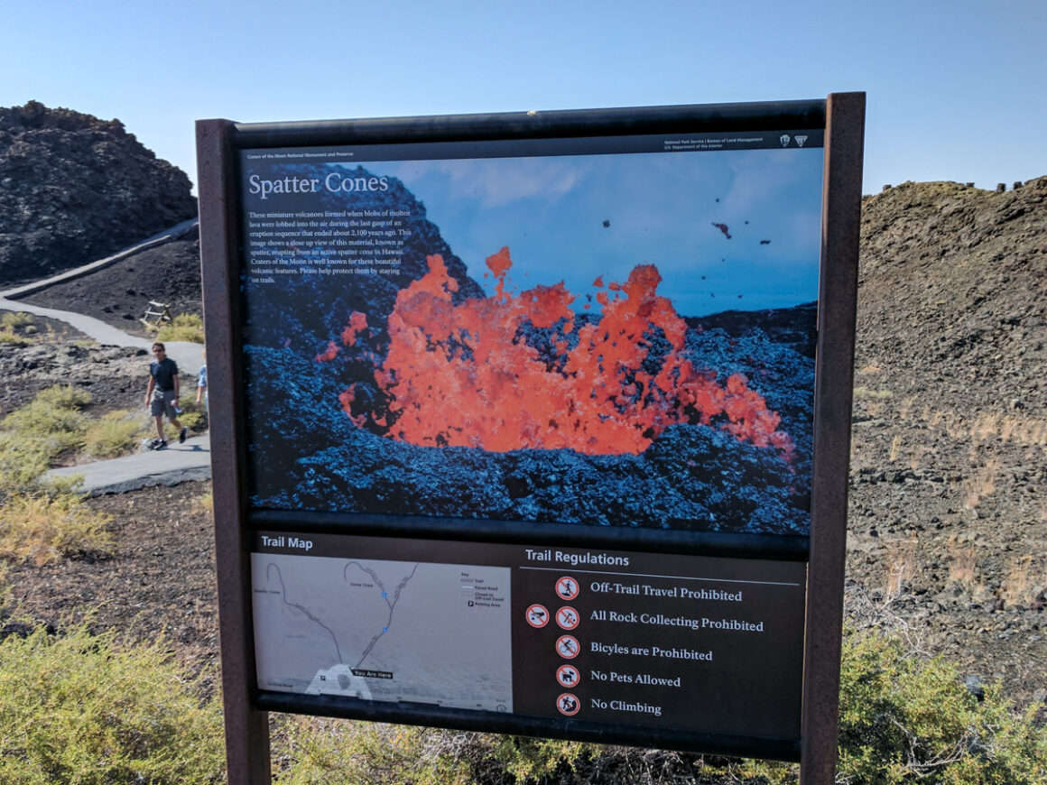 an interpretive sign about the Splatter Cones, miniature volcanoes at Craters of the Moon National Monument