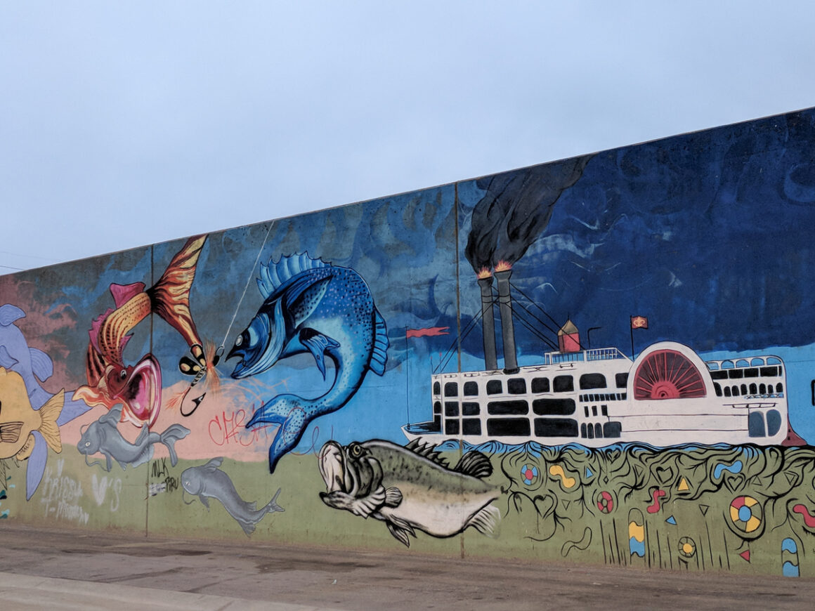mural featuring the Mississippi River in St Louis