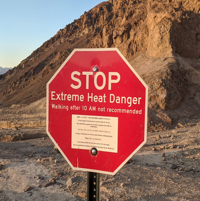 a heat danger sign in Death Valley National Park