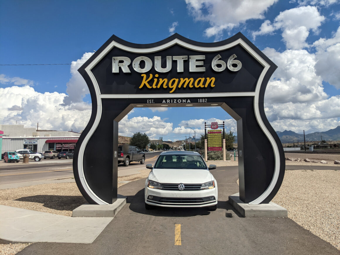 Route 66 marke that you can drive through in Kingman, AZ