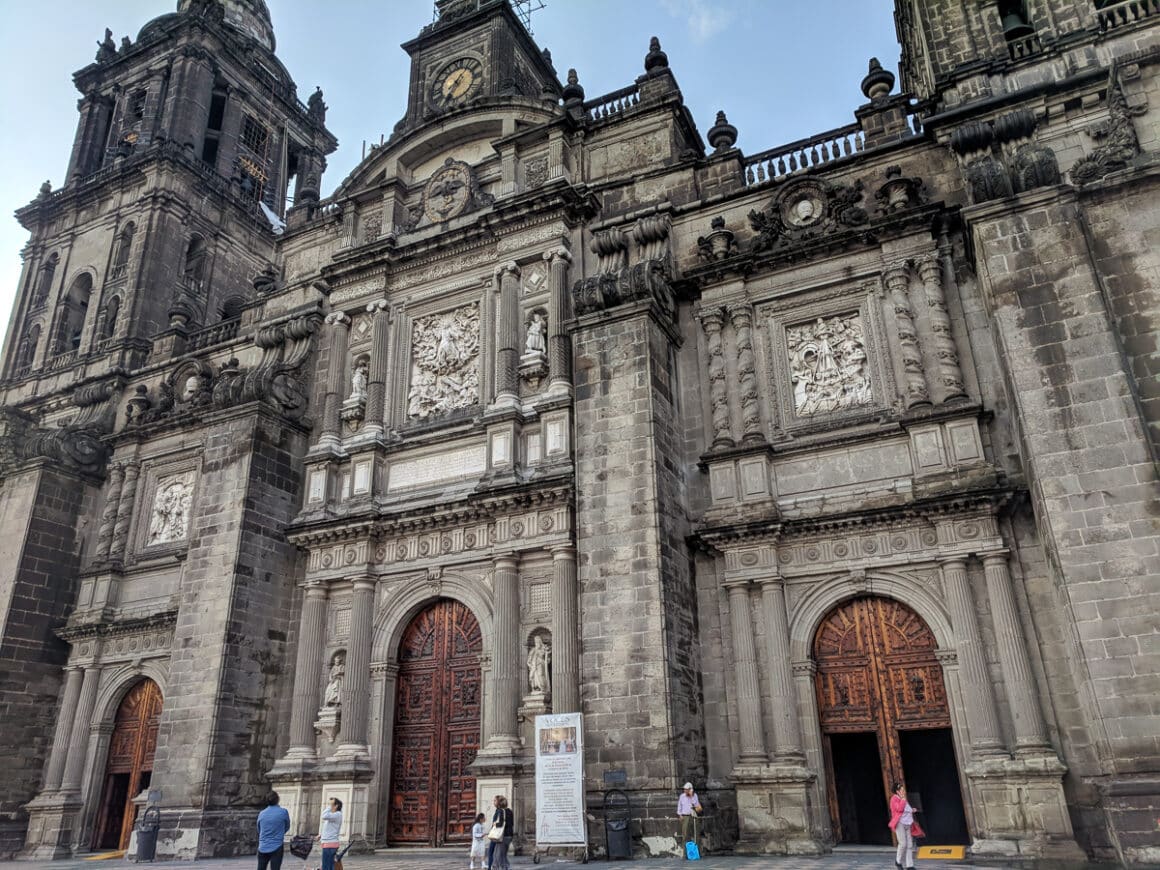 the front of the Mexico City Cathedral in the zocalo