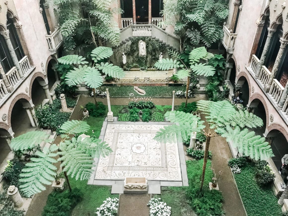 the flower filled Courtyard in Isabella Stewart Gardner Museum 