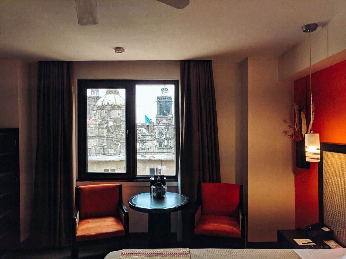 the room and view at Hotel Catedral Mexico City