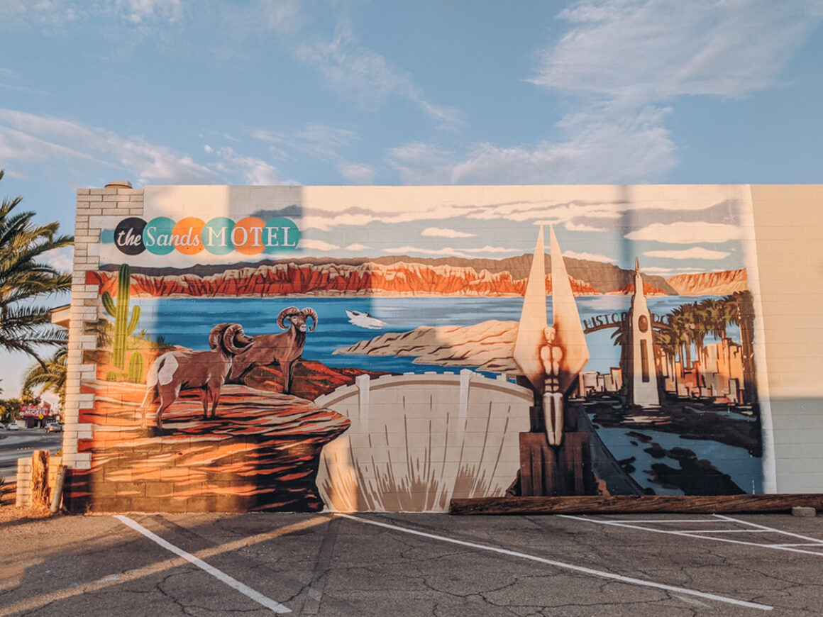 a mural featuring big horn sheep in Boulder City on the Sands Motel