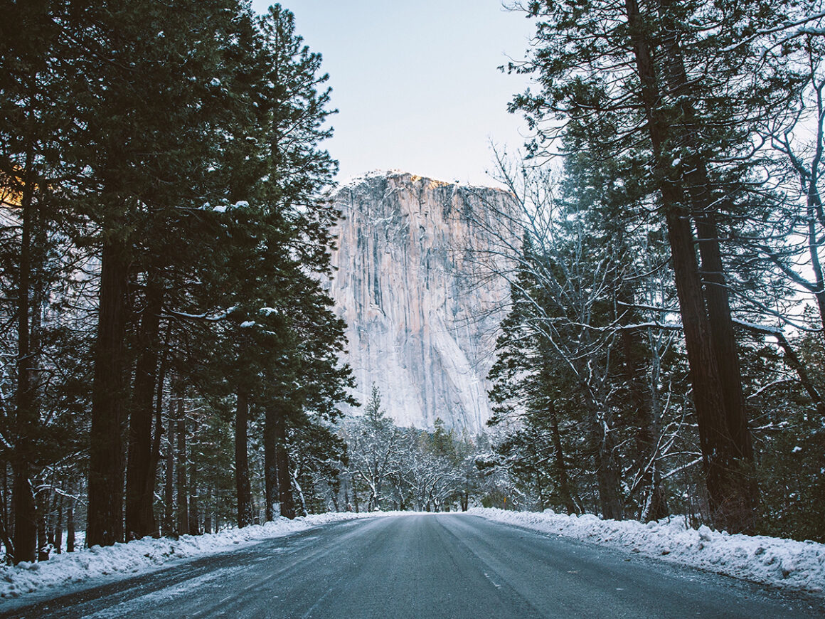 a snowy winter road in Yosemite National Park
