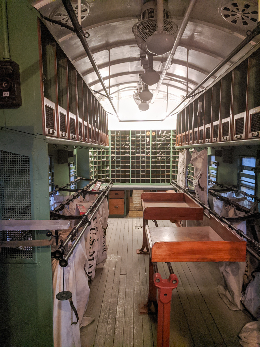 the inside of the mail car of a vintage train in Boulder City, NV