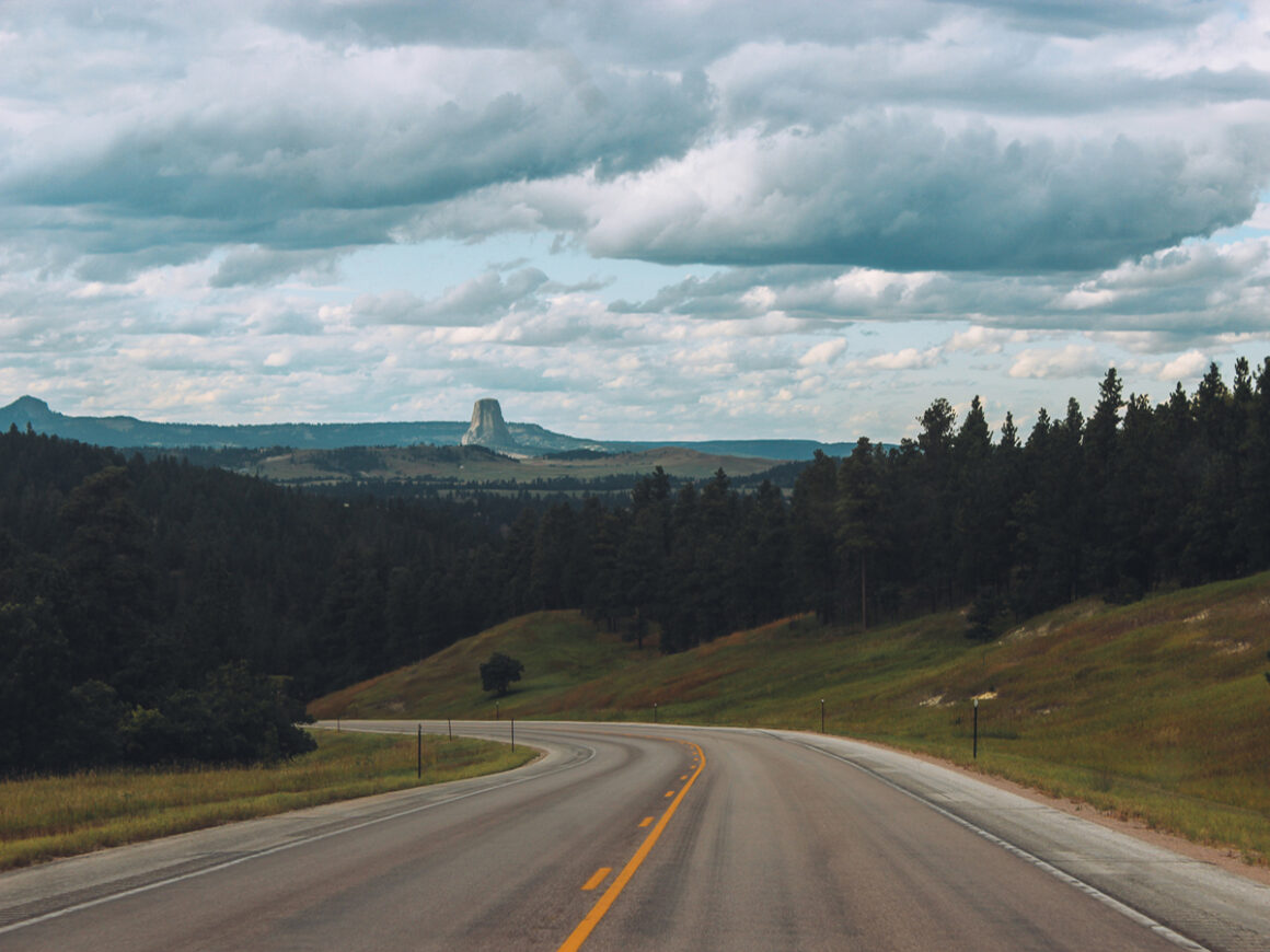 the road with Devil's Tower in the distance