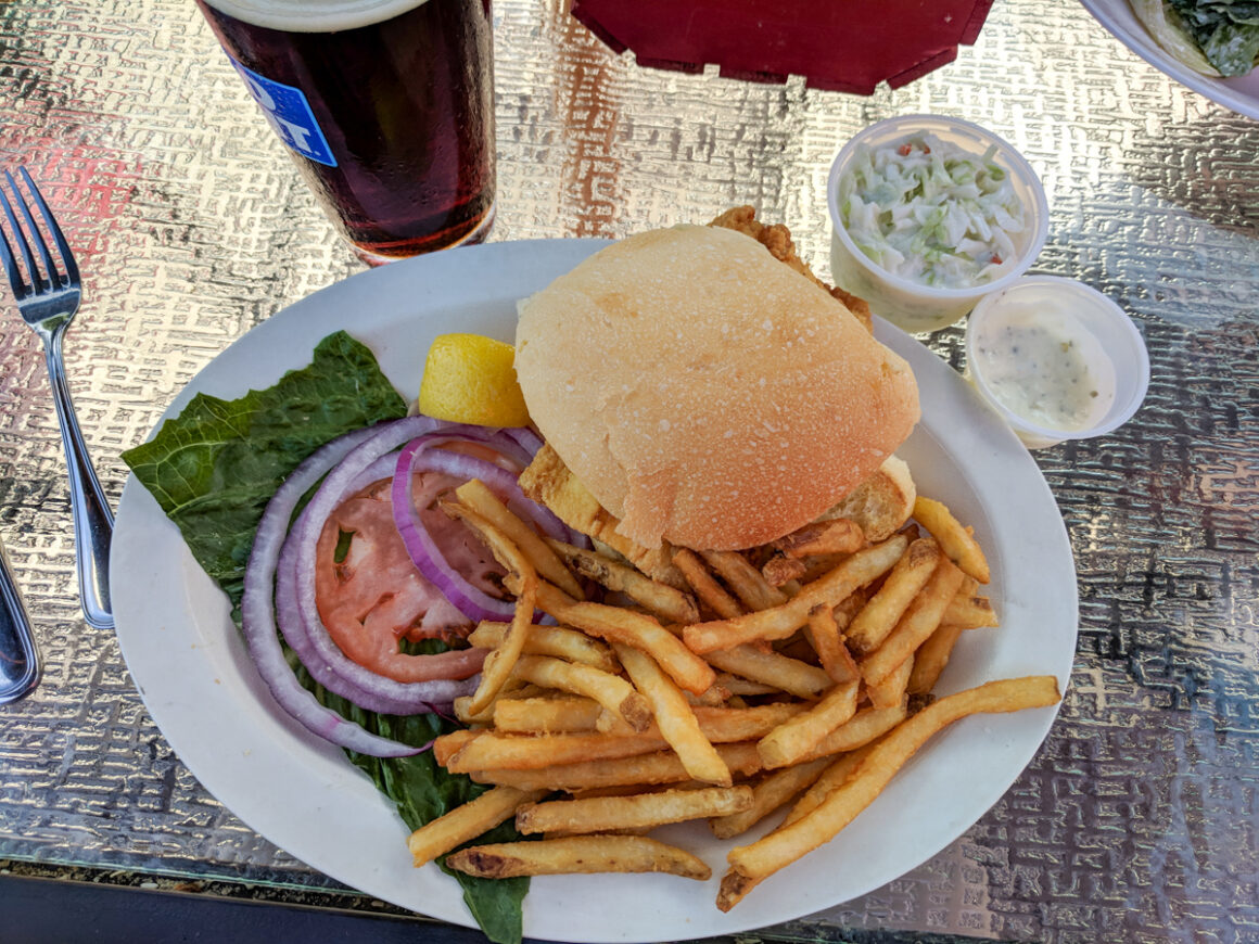 a hamburger at the Upper Deck Mt Desert Island