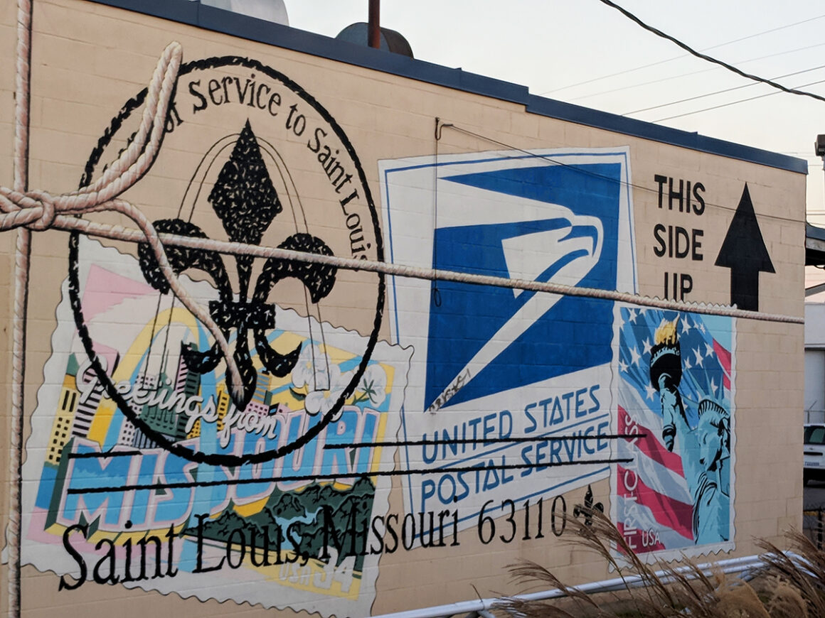 mural that looks like a postcard in St Louis