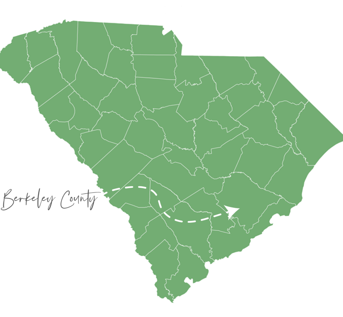 a map of South Carolina and the location of Berkeley County.