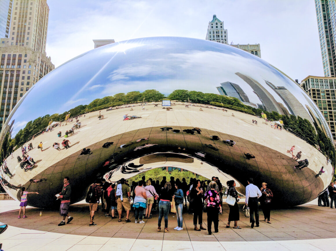The shiny silver Bean or Cloudgate in Millennium Park Chicago