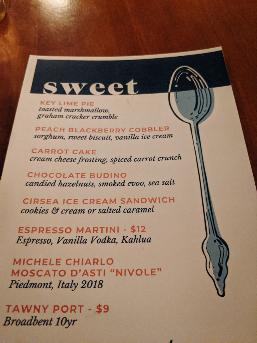 The desert menu at The Kingstide, Daniel Island, Berkeley County, SC