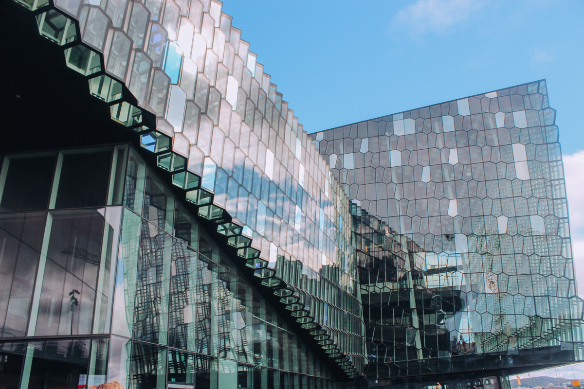 the outside of the Harpa Concert Hall in Reykjavik