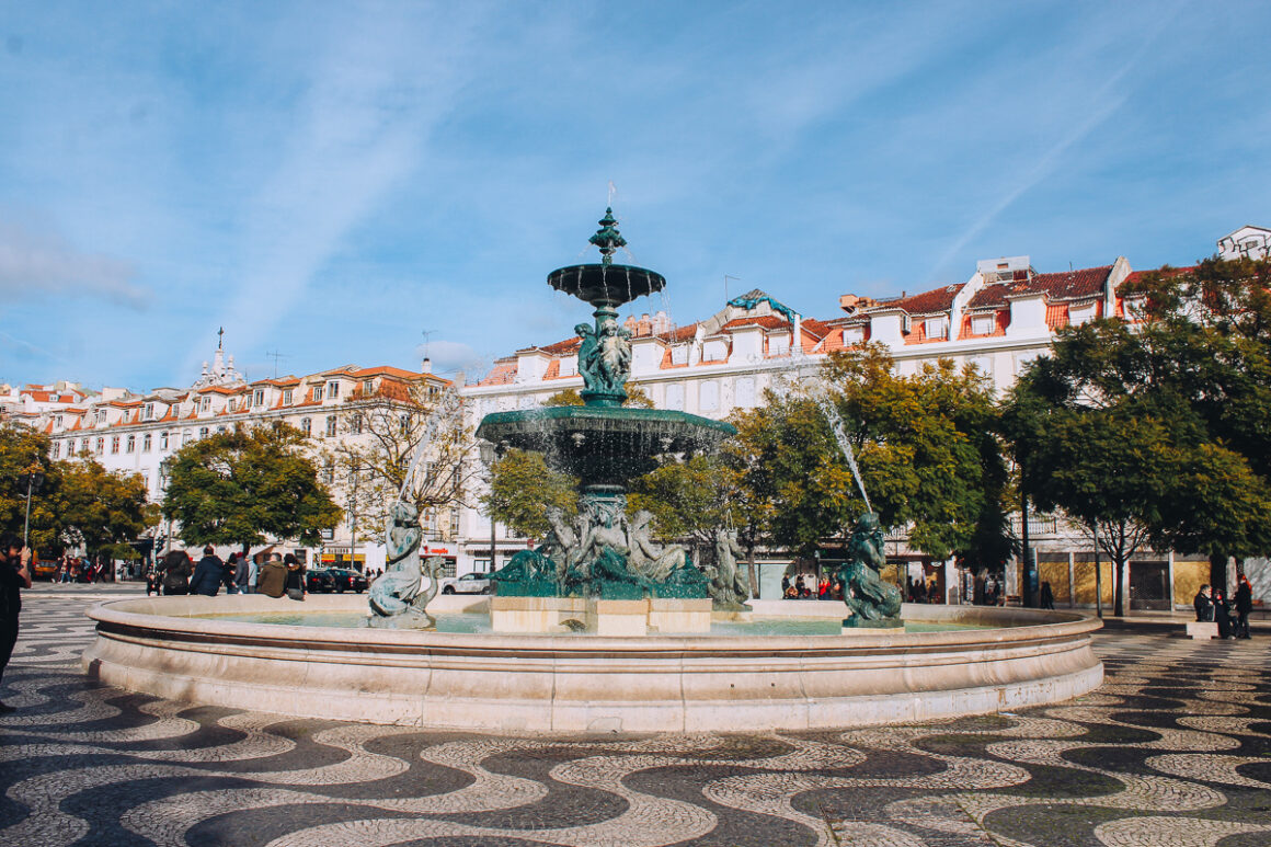 Rossio Square with its fountain in Lisbon