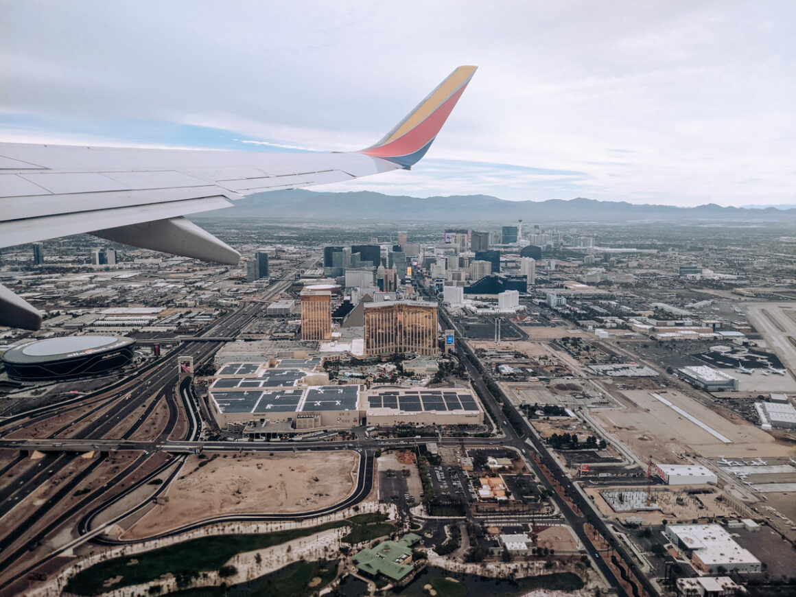 The Las Vegas strip looking pretty bland from a plane taking off from Harry Reid International Airport
