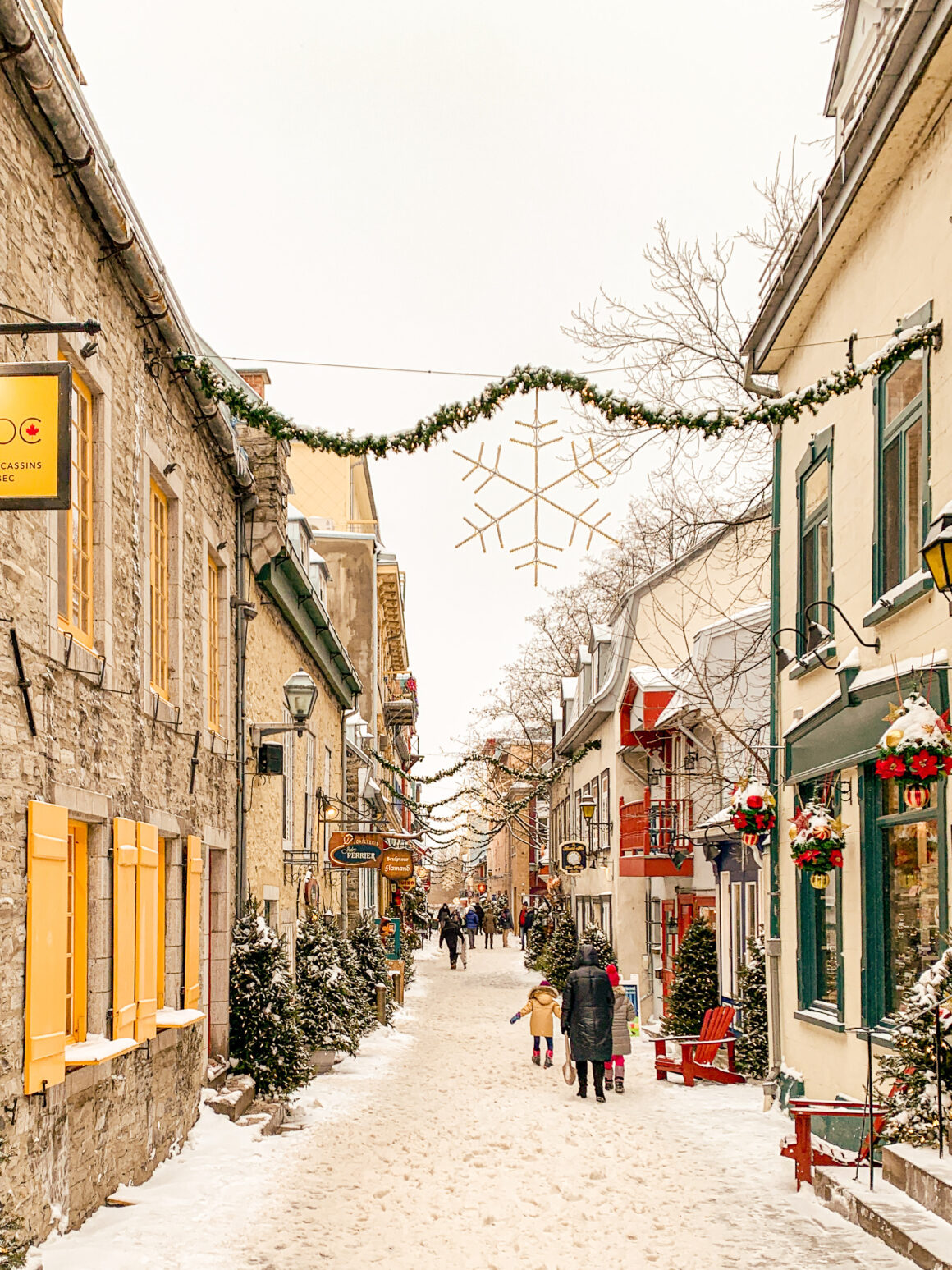 Snow covered sidewalks in Quebec City at Christmas time