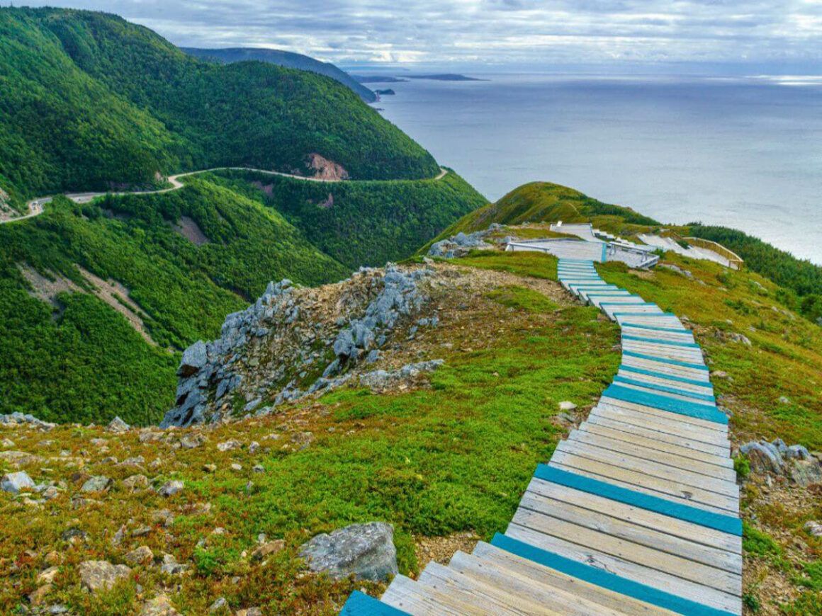 a steep hiking trail with steps leads down to the water in Nova Scotia