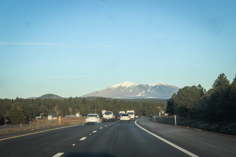 The interstate, cars and mountains on the drive from Las Vegas to Sedona