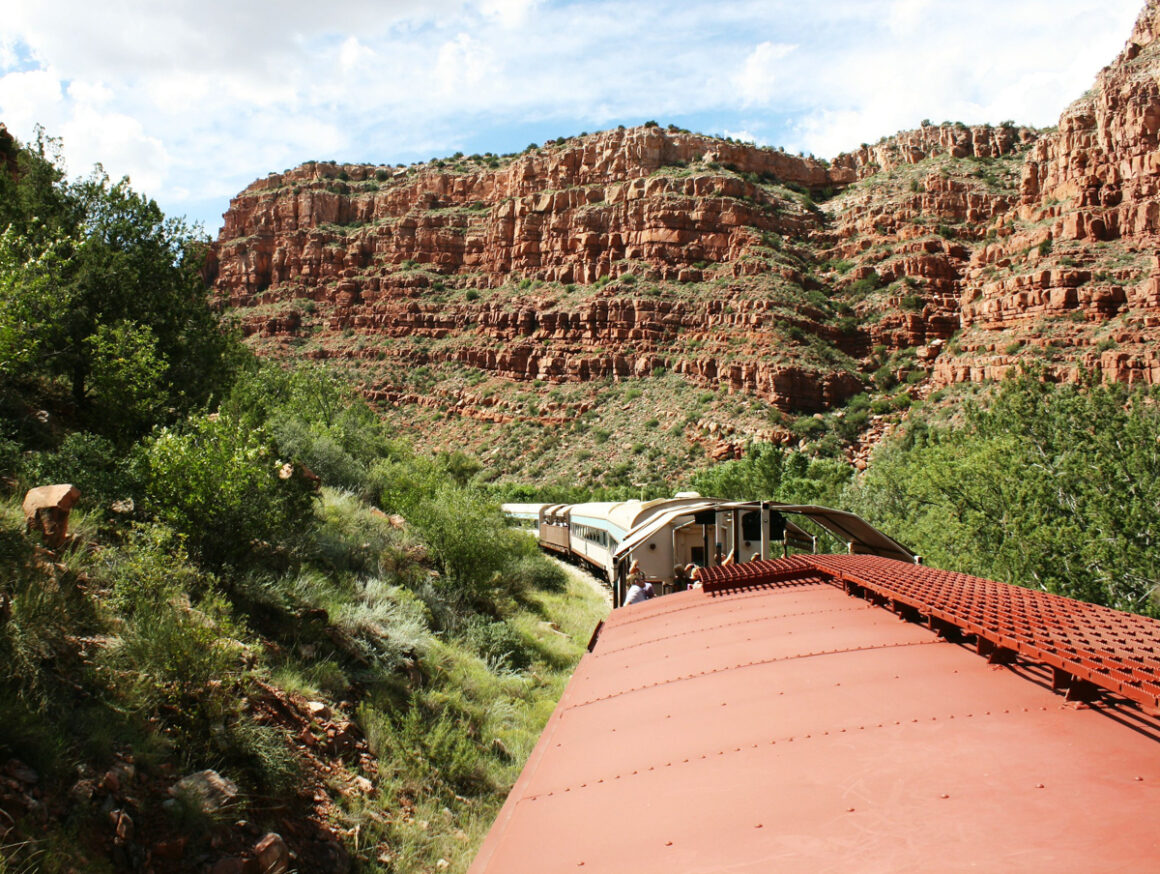 View of a canyon and red rocks from the Verde Canyon train near Clarkdale and Sedona, Arizona