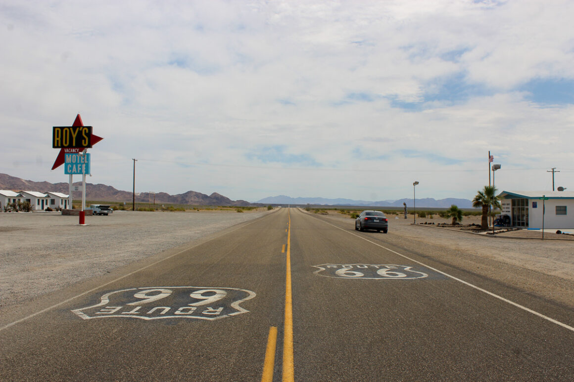 a highway in California with Route 66 painted on it
